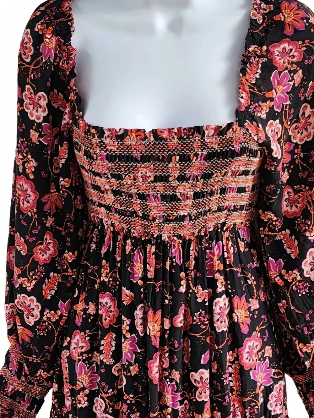 Free People Sweet Escape Smocked Flowy Prairie Maxie Dress Black Pink Floral XS